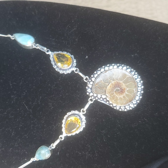 New Ammonite Fossil, Larimar and Citrine 925 Silver Necklace. - Picture 7 of 12